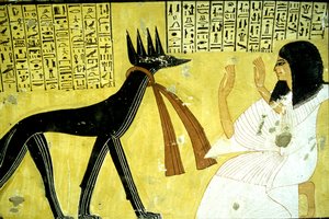 古代エジプト、壁画 インヘルクハウの墓、テーベ、貴族の墓、第20王朝、ジャッカル神を拝むインヘルクハウ（写真） 作： School Egyptian