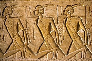 古代エジプト、壁画／彫刻、ラメセス2世に敗れたクシテ人（アフリカ人として描かれている）を表す囚人の列、ラメセス2世神殿、アブシンベル 作： School Egyptian