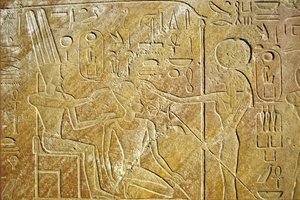 古代エジプト、ルクソール、カルナック神殿、アモン・ラーとハトシェプストに対応するサフメト、壁画／彫刻