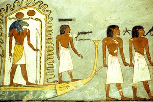 古代エジプト、壁画／彫刻、人に引かれて進む冥府の舟、ラメセス1世の墓、テーベ 作： School Egyptian