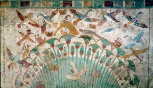 古代エジプト：パピルスの茂みの中の動物、ネフェルホテプの墓からの石灰岩の断片、紀元前1400年頃、第18王朝、大きさ43x74cm パリ、ルーヴル美術館 - 古代エジプト：パピルスの茂みの中の動物、ネフェルホテプの墓からの石灰岩の断片 作： School Egyptian