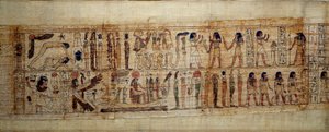 古代エジプト美術 神話のパピルス セリメン。上：世界創造の際、ゲブ神（地）とヌウト女神（天）が分離され、その上から神々や精霊たちが登場する。下の写真セリメンは、太陽に敬意を表して、そのラ 作： School Egyptian