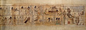 古代エジプト美術 神話パピルスのセリメン。上：セリメンはアビドスの街で、その紋章で表されるオシリス神を愛している。鳥の形をした死者の魂が、女神イシス（左）とネフティス（右）に見守られながら、彼のミイラの上を飛んでいる。