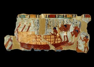 古代エジプト美術：オウノウの墓（紀元前1450年）のシルトに描かれた船の絵に穀物を積み込む。 作： School Egyptian
