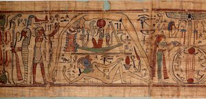 エジプト古代の宇宙のアレゴリー：ゲブ、ヌウト、ネフティス、オシリスと一緒に宇宙論を表す穀物の書記をしていたネスカパシュウティの神話パピルス。紀元前1070〜664年。第21王朝。日 2,7x0,27 m パリ、ルーヴル美術館