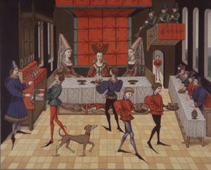 15世紀、中世の貴族の女性たちがディナーを提供する様子（カラーリトグラフ 作： School English