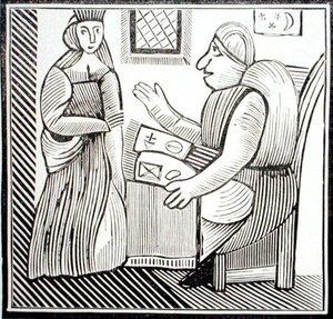 占い師に助言を求める女性（14世紀～17世紀に発行された秘伝書コレクションの中の「西の母バンチの歴史」の挿絵のコピー（木版画） 作： School English