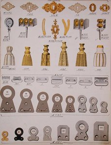 1890年から1910年頃の家庭用品のカタログに掲載されていたドアロック用金具（カラーリトグラフ） 作： School English