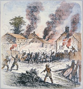 1675年8月、マサチューセッツ州ブルックフィールドの入植地を襲うニプムック・インディアン（カラー図版
