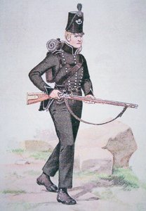 1810年頃、ロンドンのエゼキエル・ベイカーが設計したベイカー・ライフルで武装した第95ライフル隊の一等兵（カラーリトグラフ版