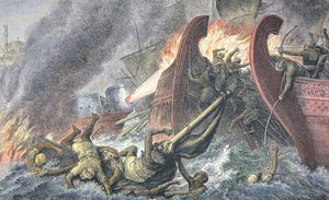 ギリシャの火事で破壊された船（カラーリトグラフ 作： School English