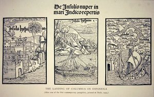 1494年にバーゼルで出版された同時代のパンフレットに掲載されたコロンブスのエスパーニョーラ上陸の様子（リトグラフ） 作： School English