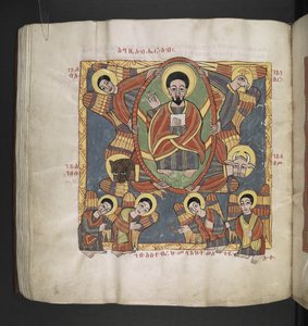 または。 481、f.110v   ケルビムと愛する天使たちに囲まれた父なる神。   オクタチューク、福音書、教会の作品。  エチオピアの写本。  17世紀後半 作： School Ethiopian