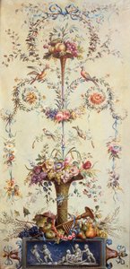 花輪を飾った花と果実のトランペット（水彩） 作： School French