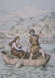 コラクル型ボートに乗った古代ガリア人（カラーリトグラフ 作： School French