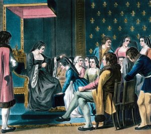 アンヌ・ド・ブルターニュ、女官に「コーデリエール勲章」を授与（カラー彫刻） 作： School French