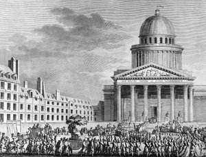 フランス革命。ジャン・ジャック・ルソー（1712-1778）の「アポテーズ」、1794年10月11日にパンテオンに向けて翻訳されたもの。パリ、革命史研究所の図書館 作： School French