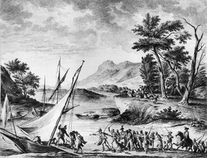 フランス革命。1793年7月25日、ノヴァテでフランス大使Charles Louis Huguet de Semonville (1759-1839)とHugues Bernard Maret (1763-1839)が逮捕される。デュプレッシ-ベルトーによる版画とデッサン。パリ、フランス革命史研究所の図書館 作： School French