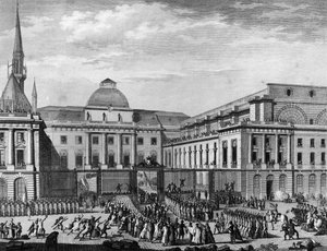 フランス革命。パリ市庁舎、1790年11月の島の議会、ジャン・バティスト・ガスパール・ボシャール・ド・サロン（1730-1794）が議長を務めた。パリ、革命史研究所の図書館 作： School French