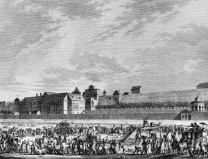 フランス革命と反革命運動ジャン・シルヴァン・バイリー（1736-1793）の死 1793年11月12日、パリのシャン・ド・マルスのエスプラネードで、聴聞会でマリー・アントワネットに有利な証言をしたため、ギロチンにかけられる。パリ、ライブラリー・オー