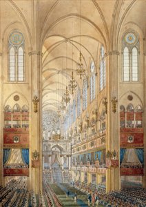 1804年12月2日、ナポレオン1世（1769-1821）の聖職に就いたパリ・ノートルダム大聖堂の内部。1804年頃の水彩画。イル・デ・ゼ、ナポレオン博物館 - ナポレオン1世（1769-182）の戴冠式の際のパリのノートルダム大聖堂の内部