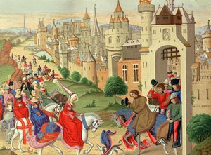 写本「Chroniques」（ファクシミリ版）より、英国王妃イザベラがパリの門で弟のフランス国王シャルル 4 世に迎えられる 作： School French