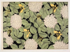 日本の花柄、「オルガ・ハーシュ装飾紙コレクション」のイラスト（カラー木版画） 作： School French