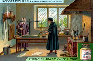 17世紀の実験室のはかり、リービッヒ・カード（印刷物） 作： 学校フランス語