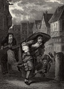 "Monsieur de Pourceaugnac" Engraving from "works" by English author Moliere - Jean-Baptiste Poquelin dit Moliere (Jean Baptiste Poquelin dit Moliere)の戯曲「Monsieur de Pourceaugnac」の一場面。