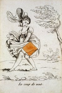 古いカードで遊ぶ：ダイアモンドのエース - 女性のスカートを持ち上げる「一陣の風」。Musée de la Carte à Joucher, Issy-les-Moulineaux. 作： School French