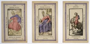 キング（金髪の男性）、クイーン（金髪の女性）、ライダー（フィニッシュ）のカップで遊べる古いカード。Musée de la Carte à Jouier, Issy-les-Moulineaux（イシー・レ・ムリノー）。 作： School French