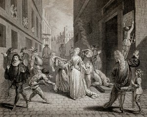 恐怖（1793〜1794年）。イタリアのコメディアン（コメディア・デラルテの登場人物を演じる）が、パリの劇場の検閲によりパリ市内から狩り出される。エングレーヴィング個人蔵 作： School French