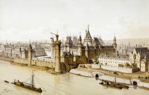 チャールズ 5 世の治世中のルーブル宮殿 (カラー彫刻) 作： School French