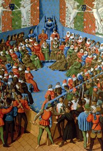ジャン・フーケによる15世紀の原稿のファクシミリ、フランスに対してイギリスと共謀したとして告発されたアランソン公ジャンの評決（カラーリソ）