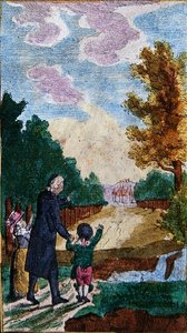 先生と一緒にいる子供たち（「Le Nouveau Chemin du Plaisir」より）18世紀後半から19世紀前半にヌエルンベルクで出版された彩色木版画。 作： School German