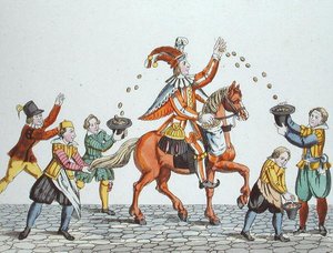 栗毛の馬に乗ったジェスターが子供たちに食べ物を投げる様子（1831年に再発行された『ニュルンベルクのゲームと歌における慣習と実践』より）（カラーリトグラフ版 作： School German