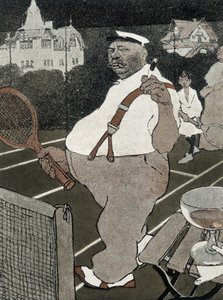 テニス：太った男性、喫煙とアルコールを飲みながらテニスをする - ドイツの漫画 作： School German
