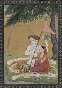 タイガースキンのシヴァとパールヴァティー、1800年頃（金と銀の水彩画） 作： School Guler