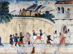 モラヴィア王スヴァトプルークに白馬を贈る見返りに、ハンガリーの土地をハンガリー人に交換したという伝説の記述（紙に水彩画）