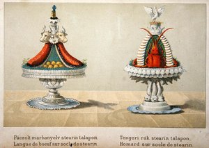 ステアリンを敷いた牛タンの盛り付けとロブスターの盛り付けのデザイン、フランス料理に関するハンガリーの料理本のイラスト、1880年頃（カラーリトグラフ） 作： School Hungarian