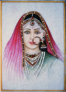 ラジャスタンの貴婦人（グワッシュ、水彩、大理石プレート） 作： School Indian