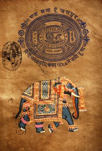 インド、ラジャスタン州、ジャイプール、象、ハンドメイド絵画と古切手紙