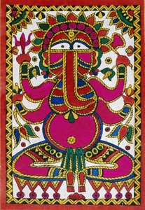 象の頭をしたガネーシュ神（布に油絵） 作： School Indian