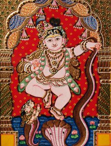 エンボス加工 バル クリシュナ神 タンジョール絵画 作： School Indian
