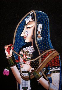 シルクに描かれたラーダ女神キシャムガルのミニチュア絵画 作： School Indian