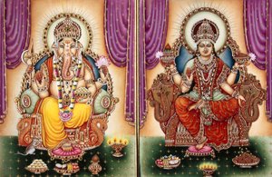 ガネーシュ神 ガンパティ女神とラクシュミーのミニチュア絵画（象牙画 作： School Indian