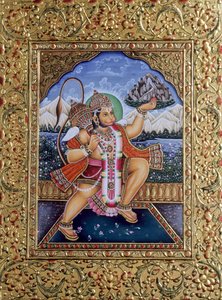 ハヌマーン神 ミニチュア絵画 紙本金刺繍 作： School Indian