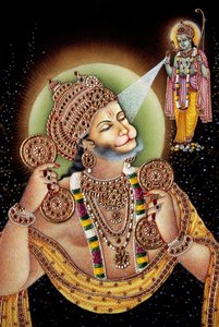 ハヌマーン神とラーマ神 紙本小品画 作： School Indian