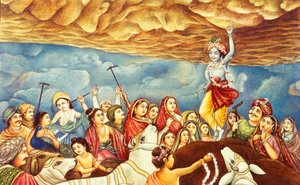 山を持ち上げるクリシュナ神 ミニチュア絵画 作： School Indian