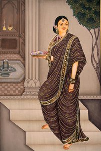 寺院に行くマラーティー族の女性 紙本小品画 作： School Indian